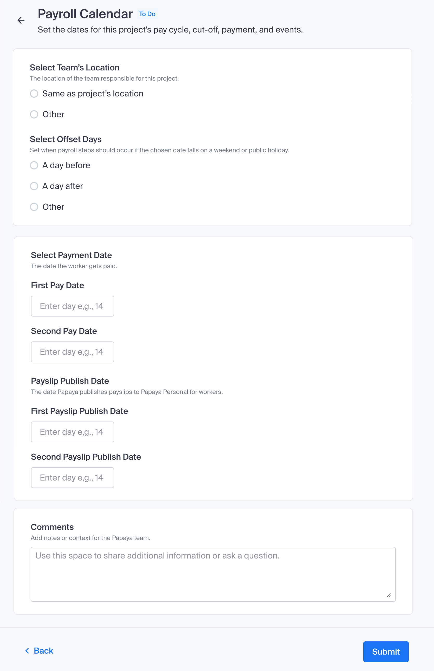 Project onboarding - Payroll calendar