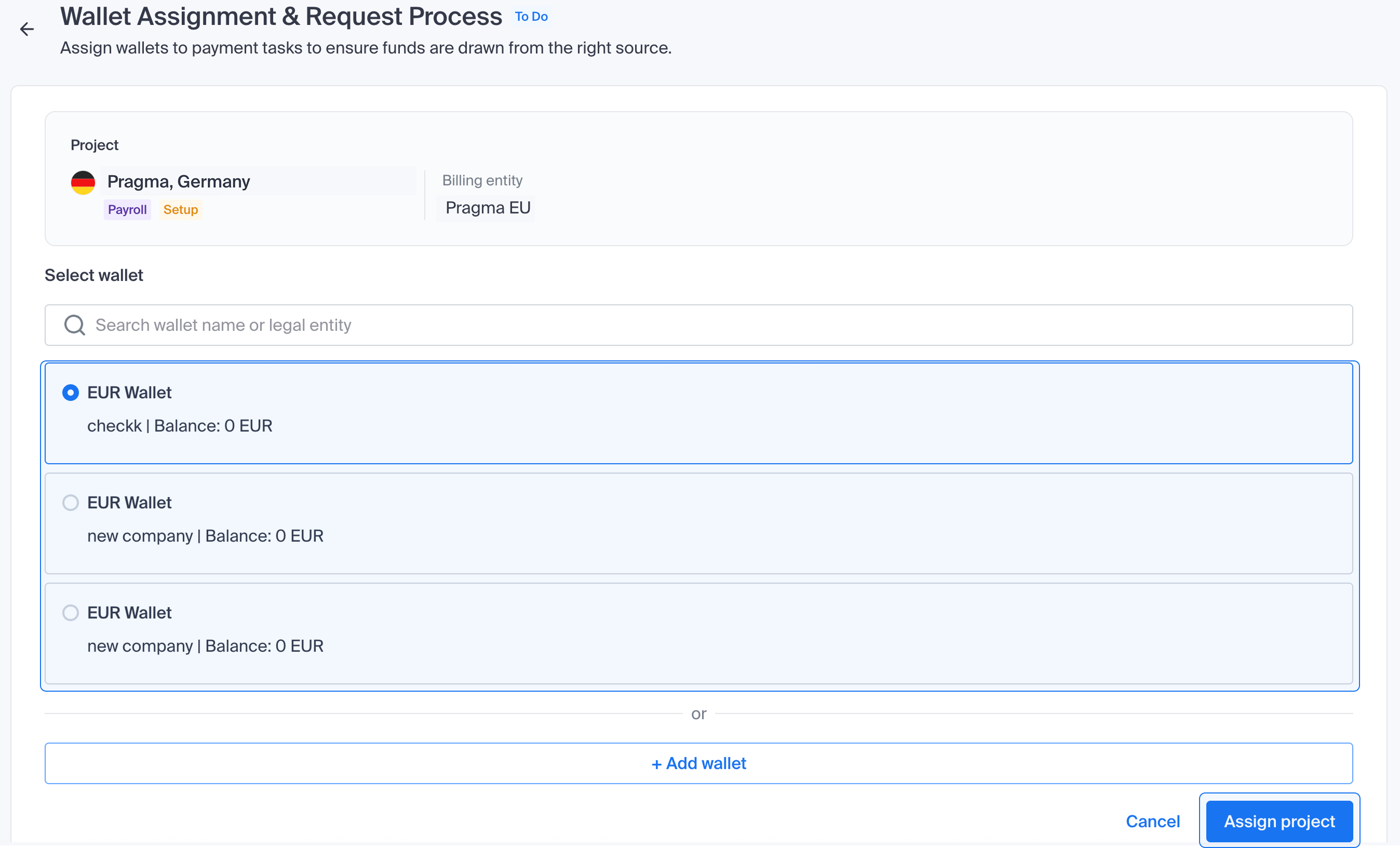 Project onboarding - Assign a wallet