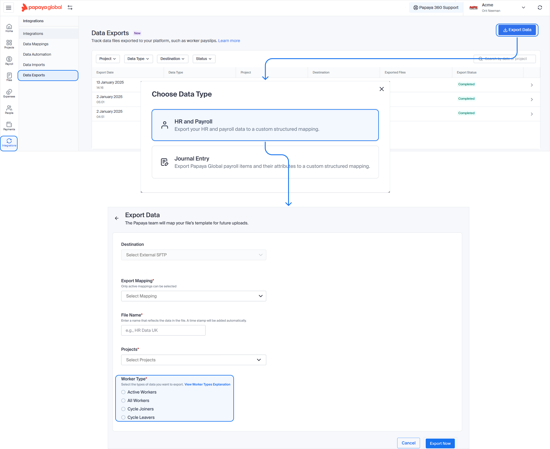 Data Exports Page