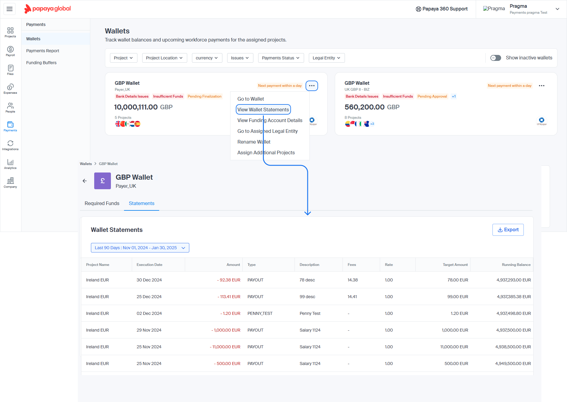 Papaya's Workforce OS Payments - View Wallet statements