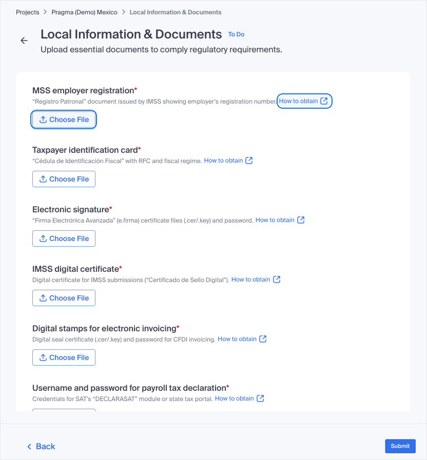 Project onboarding - Local information and documents
